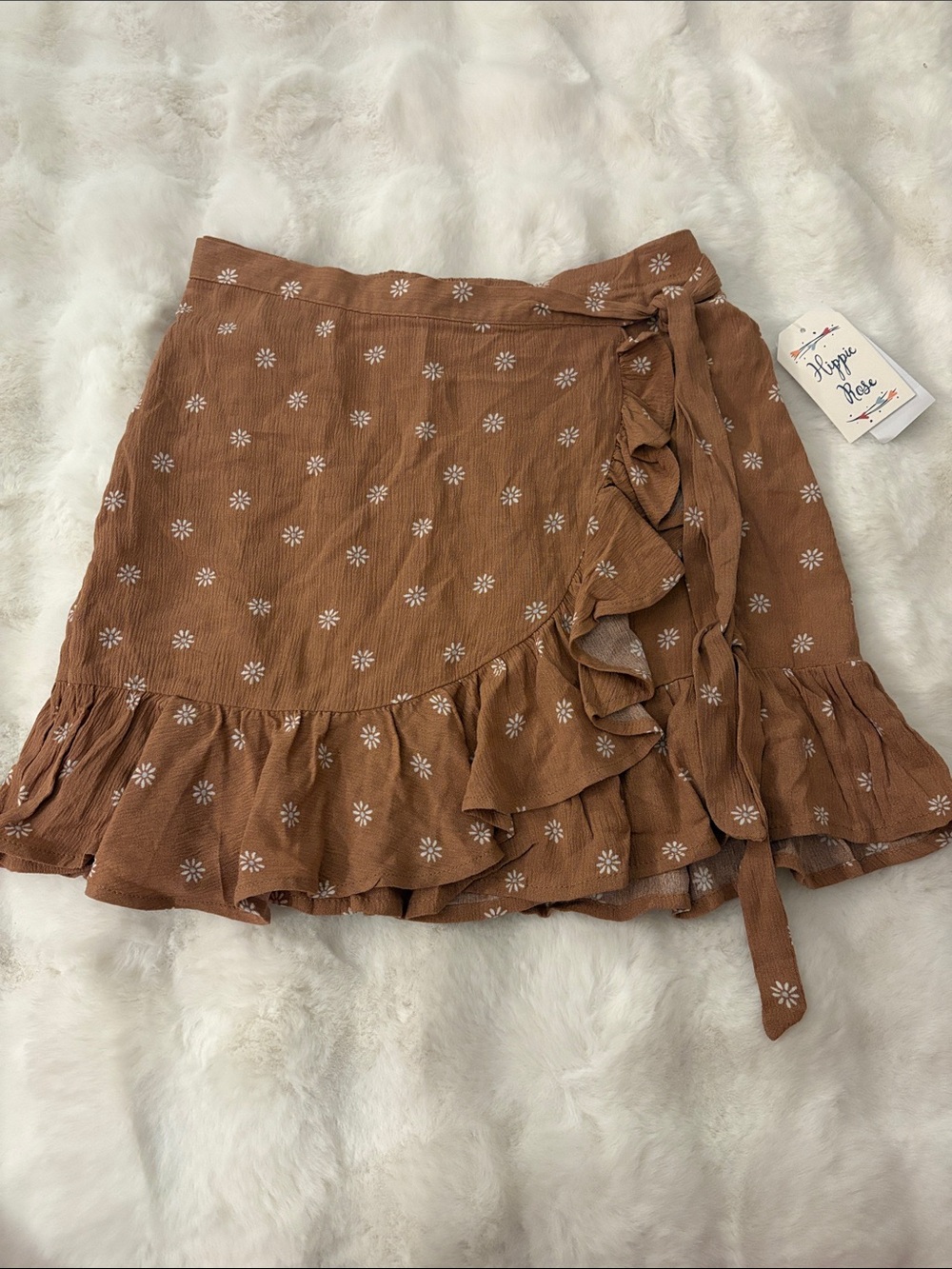 Hippie Rose Rust Brown Floral Ruffle Wrap Mini Skirt